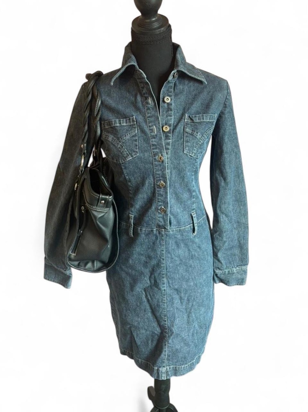 Rubbish Y2K Denim Button-Front Shirt Dress in Faded Blue, Size Small